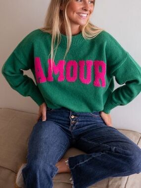 Green Women's Crewneck Sweater with Pink Accent